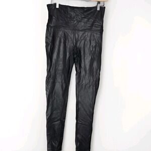 SPANX Faux Leather Black Wet Look High Waisted Leggings Size XL Sleek Moto Rock